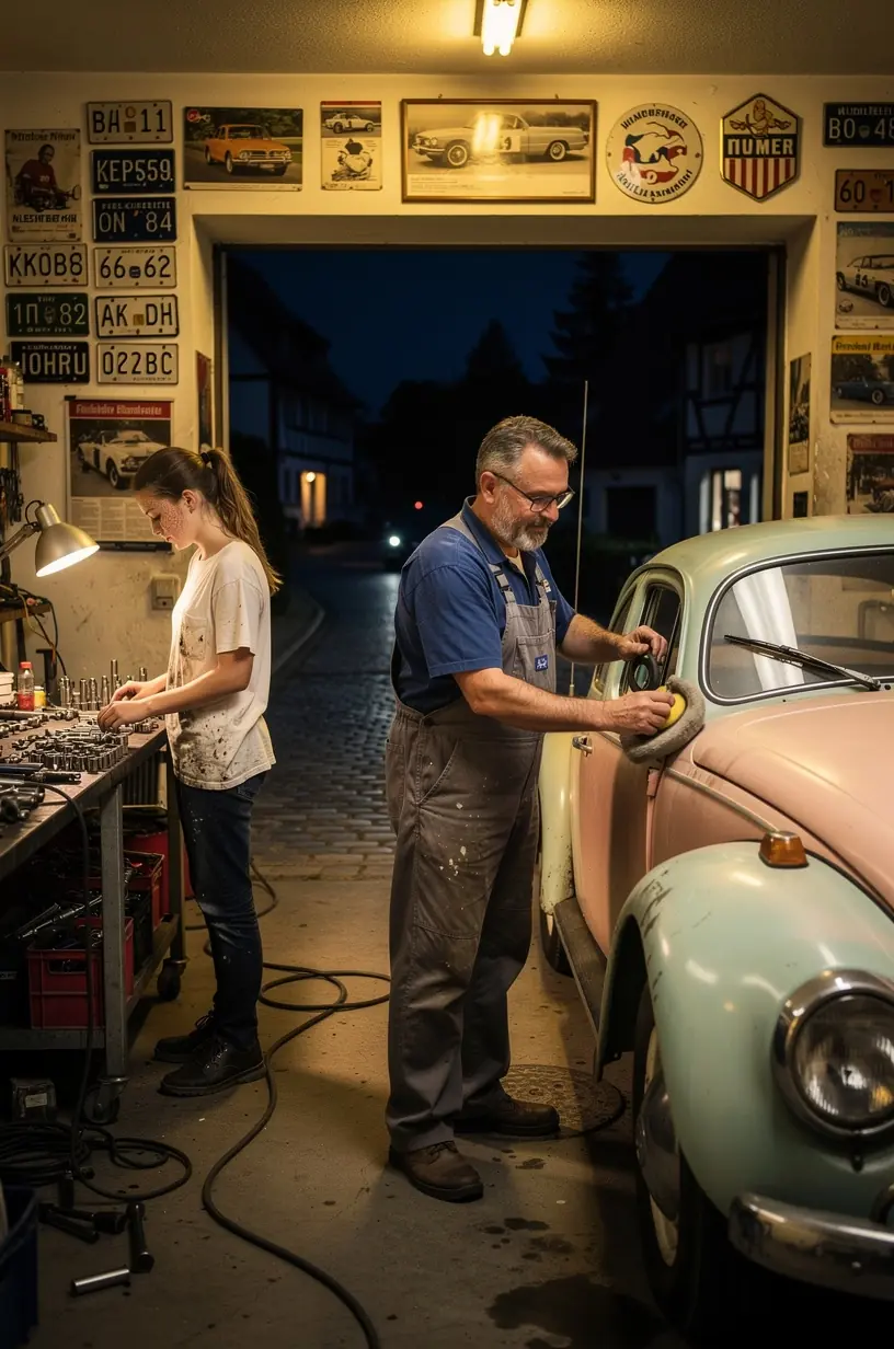 Schritt-für-Schritt-Dokumentation der Fahrzeugrestauration in einer deutschen Werkstatt.